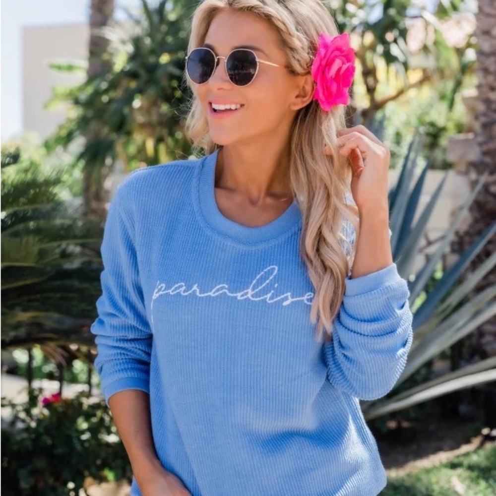 Pink Lily Paradise Script Blue Corded Graphic Sweatshirt